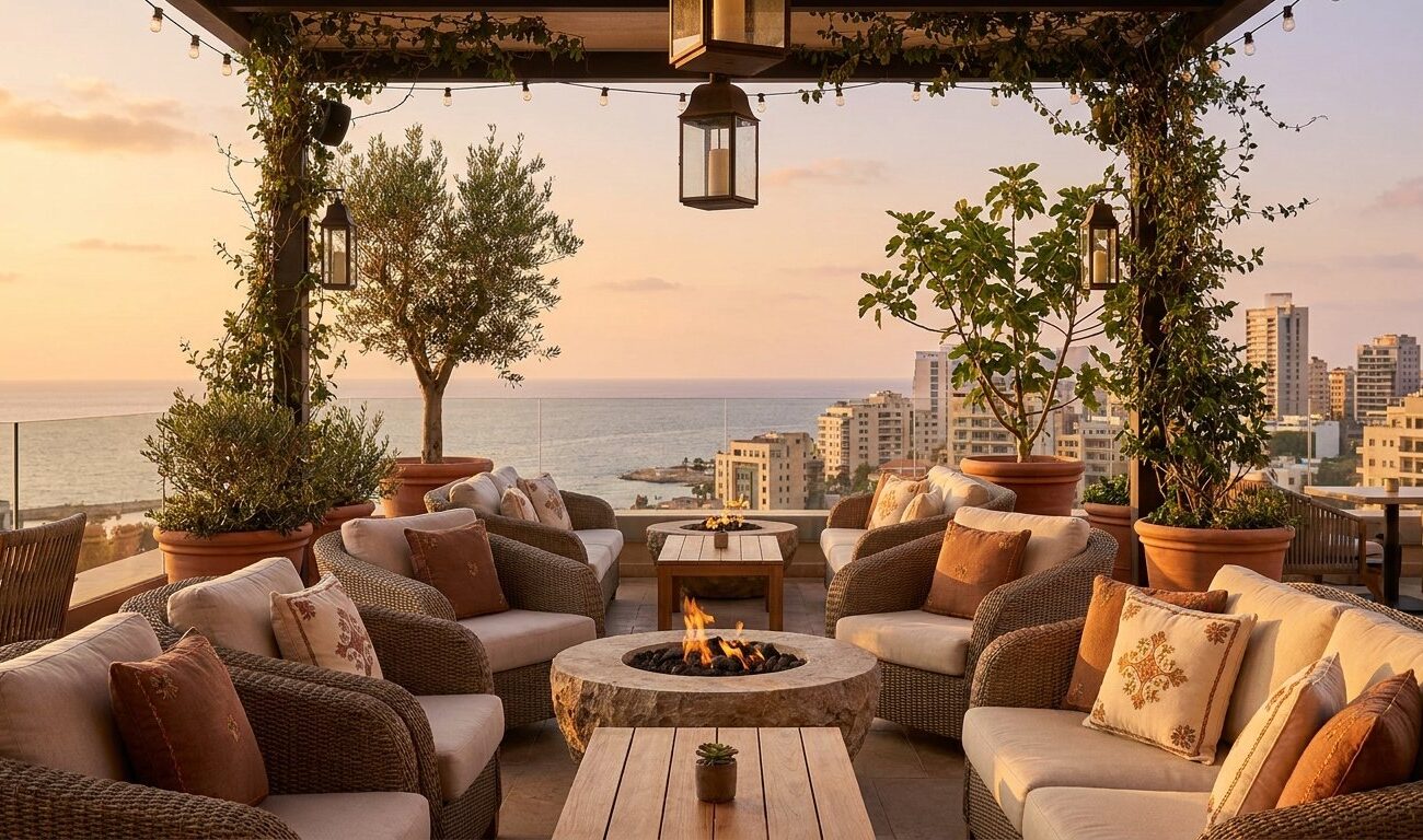 Rooftop terrace lounge of an upscale boutique hotel in Lebanon at golden hour, overlooking the Mediterranean coast and Beirut skyline
