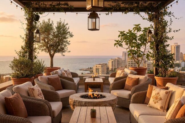 Rooftop terrace lounge of an upscale boutique hotel in Lebanon at golden hour, overlooking the Mediterranean coast and Beirut skyline