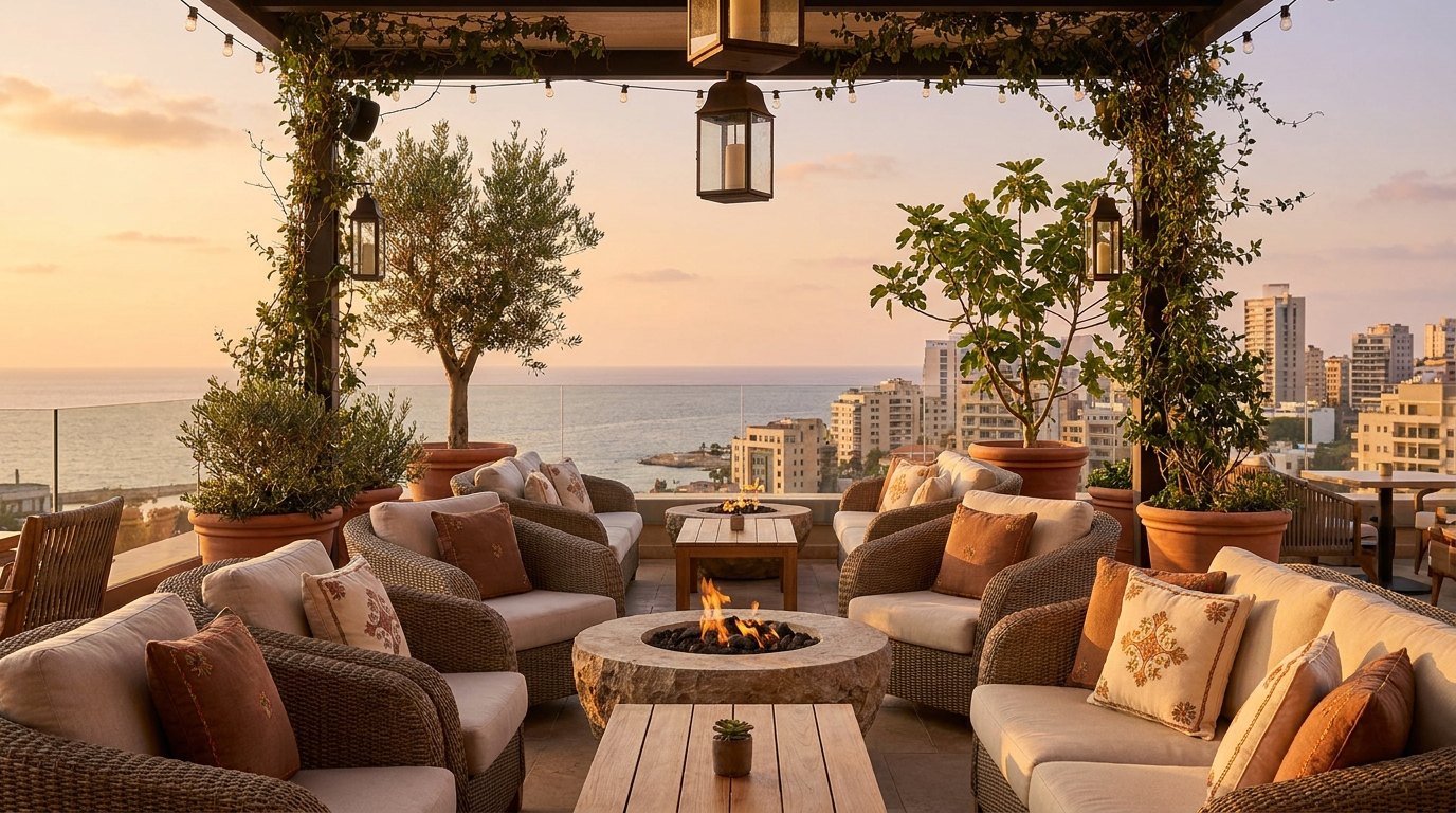 Rooftop terrace lounge of an upscale boutique hotel in Lebanon at golden hour, overlooking the Mediterranean coast and Beirut skyline