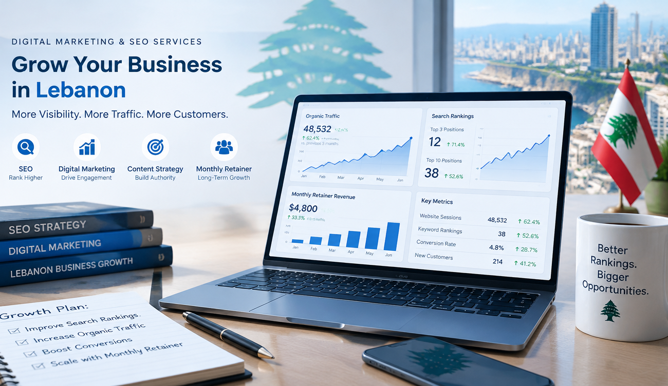 Monthly SEO services retainer model showing consistent rankings growth in Lebanon