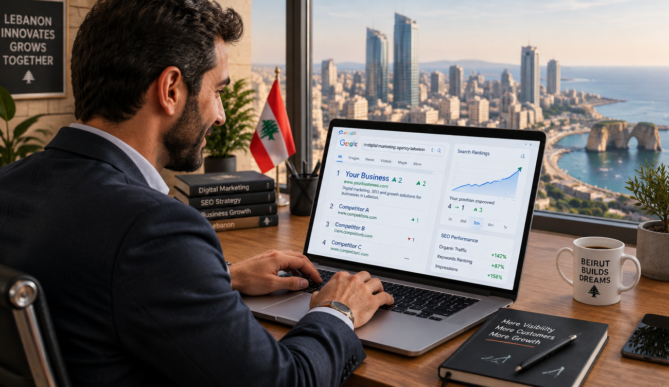 Lebanese business owner checking SEO performance dashboard in 2026