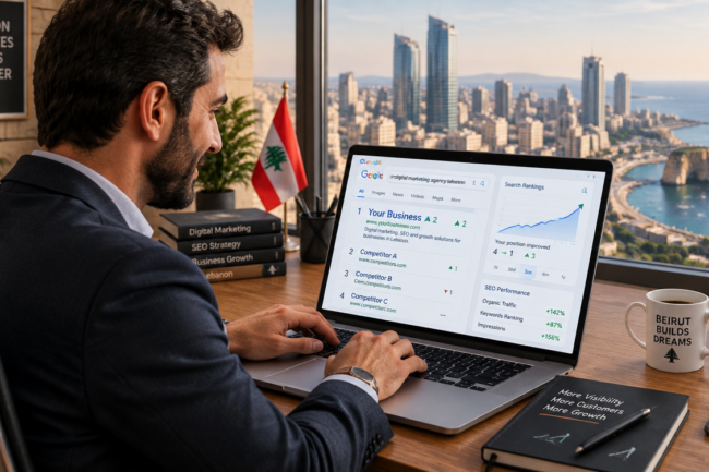 Lebanese business owner checking SEO performance dashboard in 2026