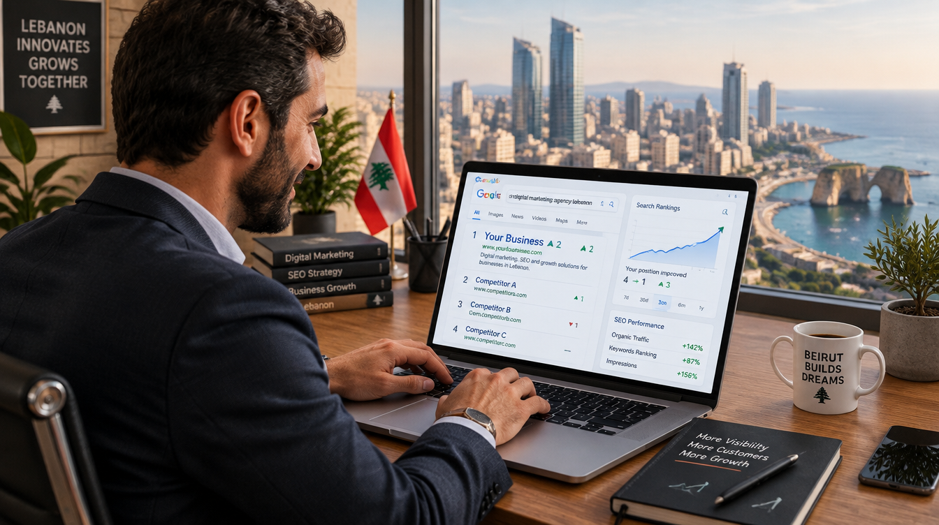 Lebanese business owner checking SEO performance dashboard in 2026